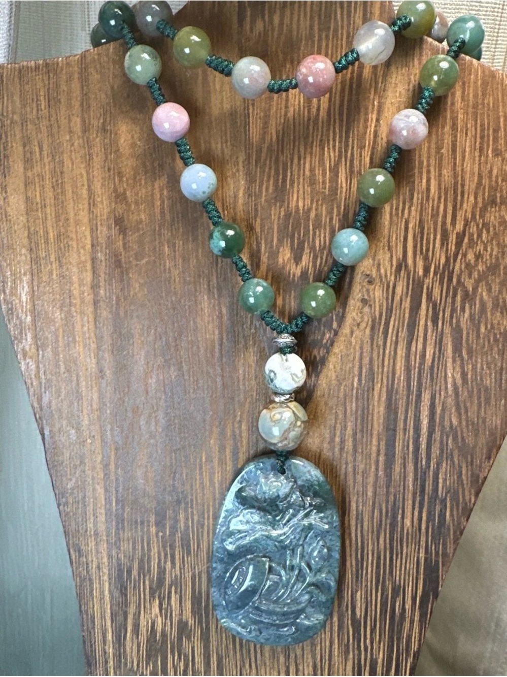 Moss Agate Potted Flower Carving Pendant  Necklace on Colorful Beaded Rope - Picture 4 of 13